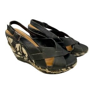 Not Rated Faux Leather Black Weaved Printed Wedge Sandal Women's Size 7.5 *